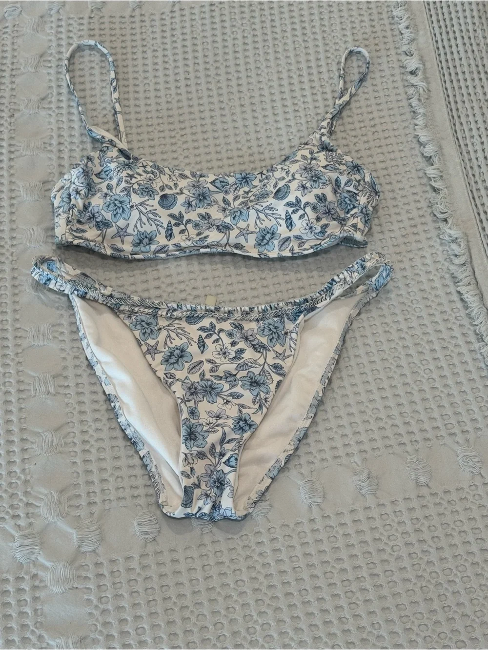 GB Blue Vintage Garden Scoop Bralette  with Low Rise Ruffle Bottom